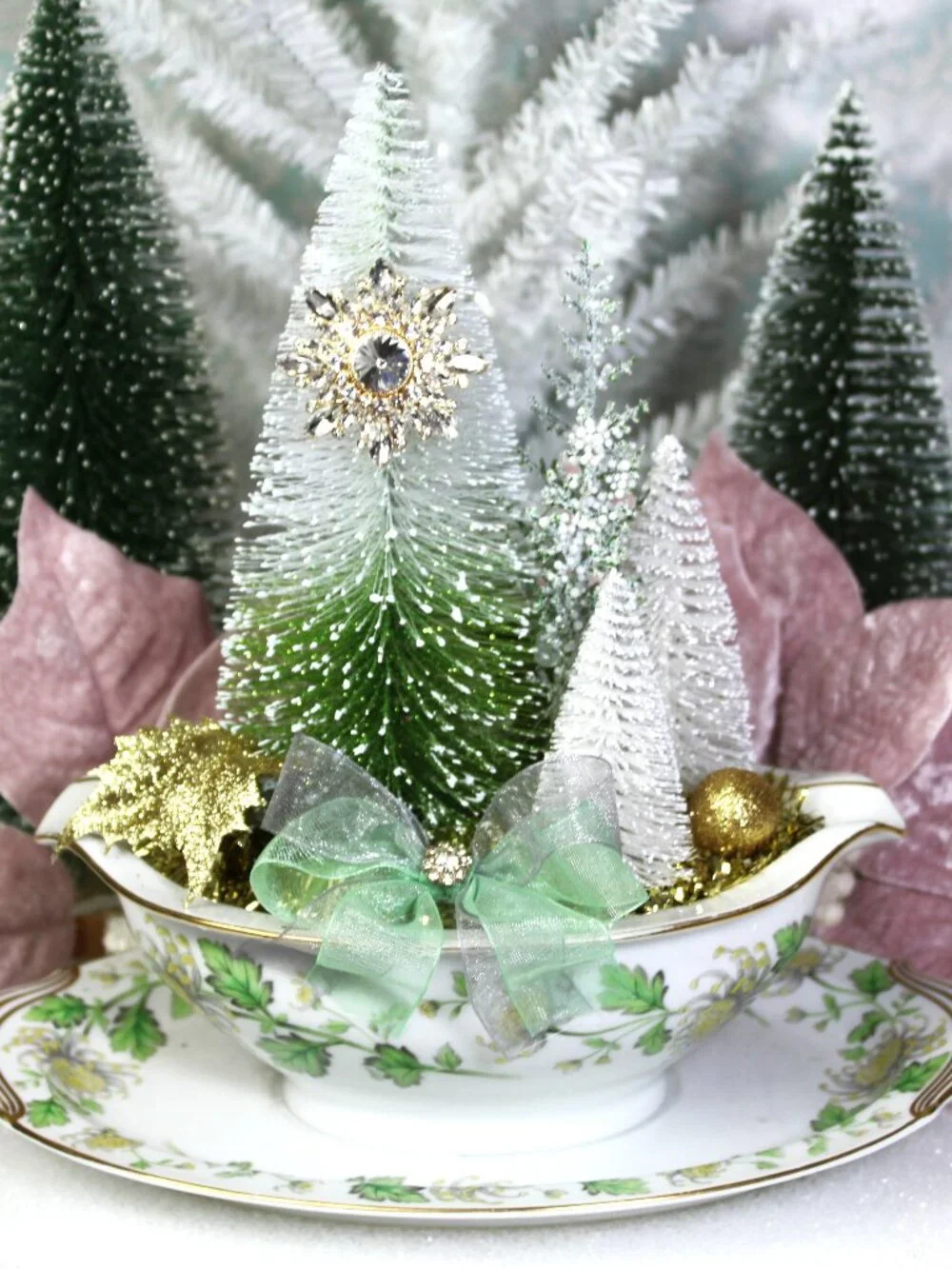Vintage Christmas Bottle Brush Trees Winter Wonderland Garden - Green and Gold